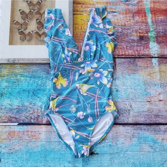 Modcloth The Kelsie Blue Floral Deep V One-Piece Swimsuit S - Picture 4 of 10